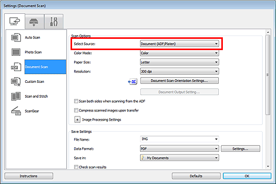 figure: Settings dialog box